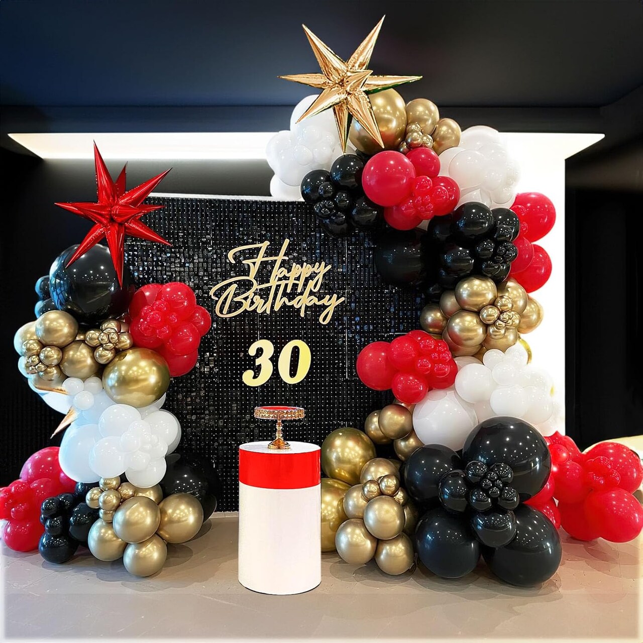 Black Red Gold White Balloon Garland kit 146Pcs and Mylar starburst balloons for Birthday Party 2024 New Year eve movie night graduation prom casino Decorations